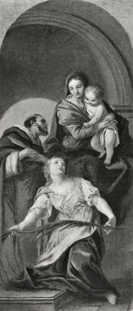 Anonimo — Tiepolo Giovanni Battista - seguace - sec. XVIII - Madonna con Bambino, santo e santa martire — insieme
